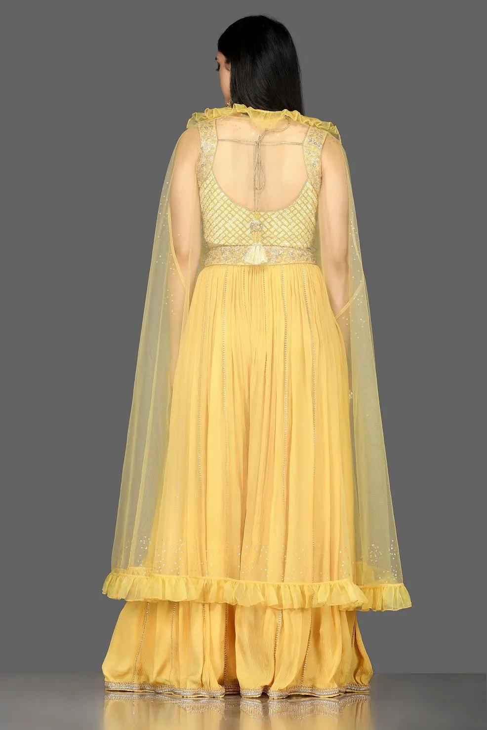502557 Yellow Embroidered Crop Top with Palazzo and Organza Cape