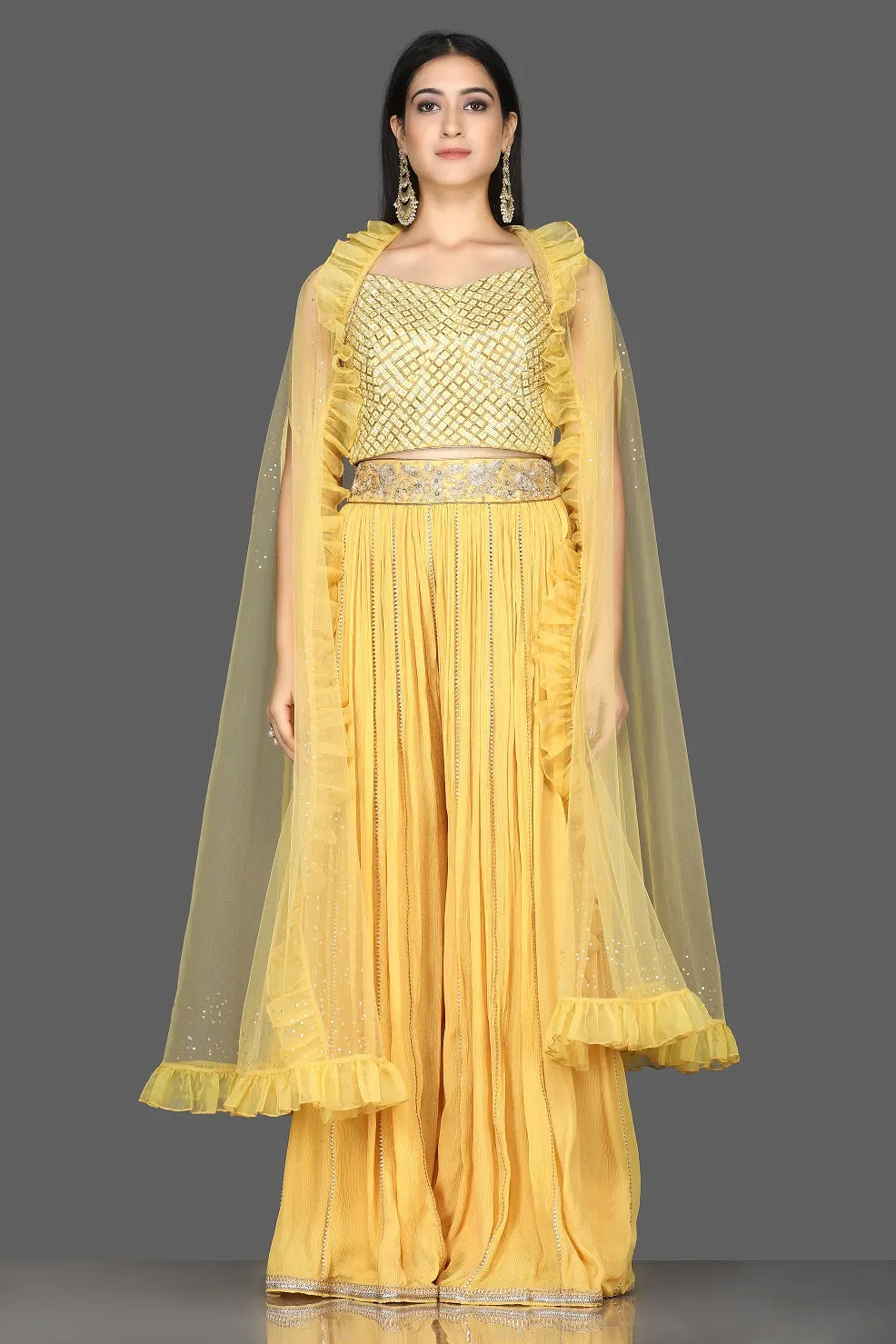502557 Yellow Embroidered Crop Top with Palazzo and Organza Cape