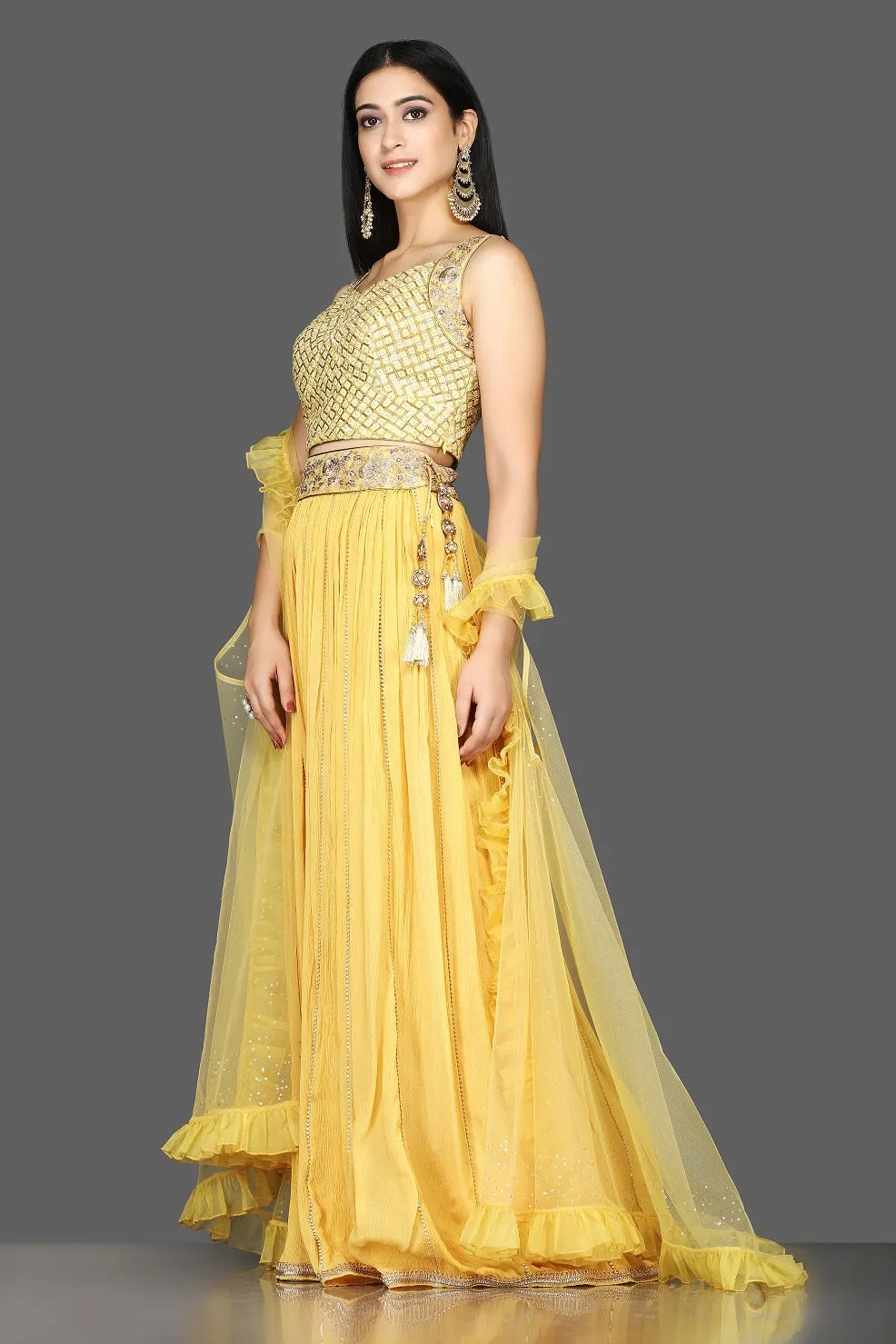 502557 Yellow Embroidered Crop Top with Palazzo and Organza Cape
