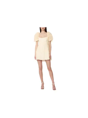 BARDOT Womens Yellow Zippered Open Back Tie Back Tiered Skirt Lined Printed Pouf Sleeve Square Neck Mini Fit   Flare Dress