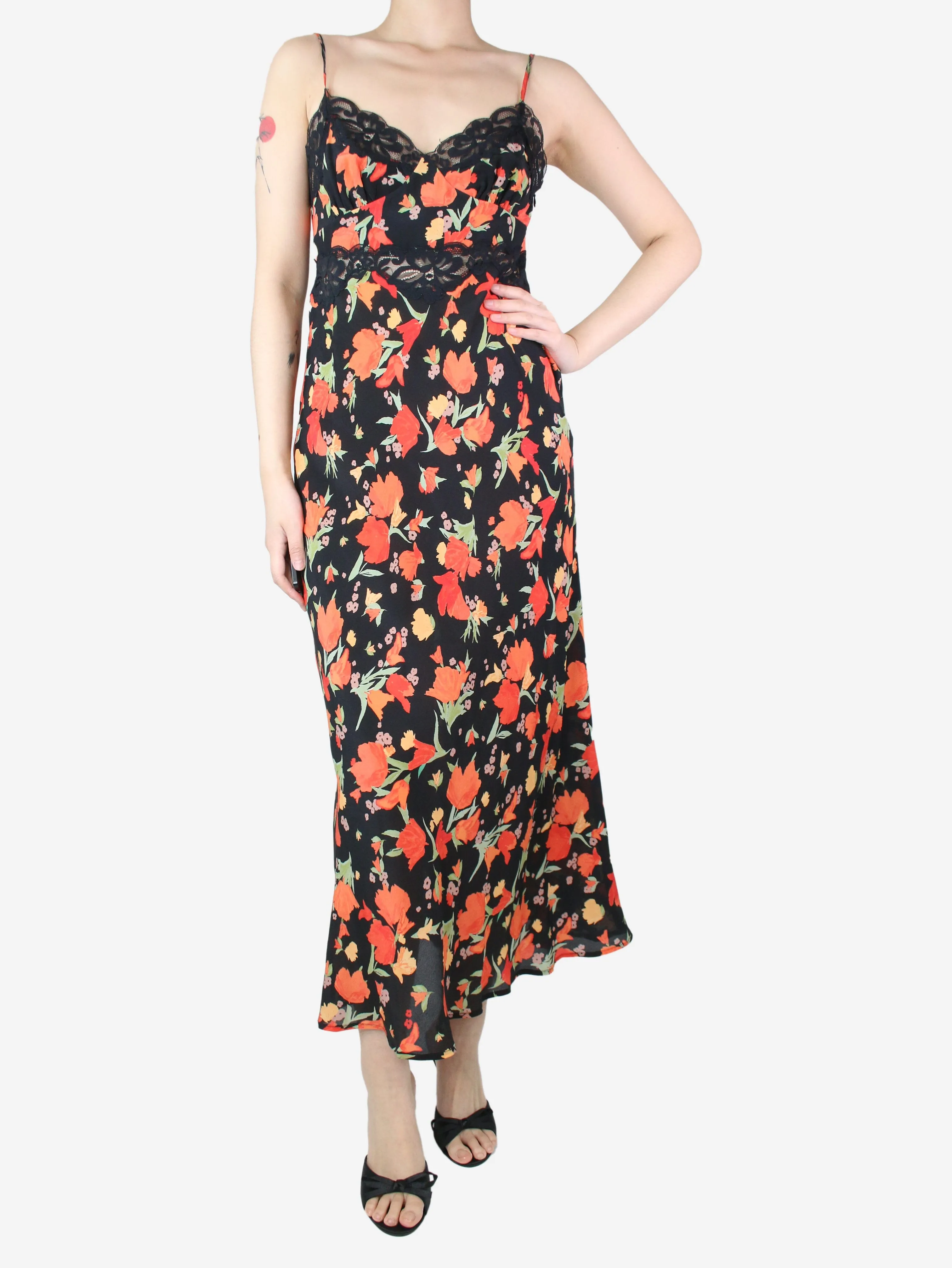 Black floral lace-trimmed slip dress - size UK 10