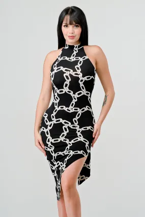 CHAIN PRINT HALTER ASYMMETRICAL HEM MIDI DRESS