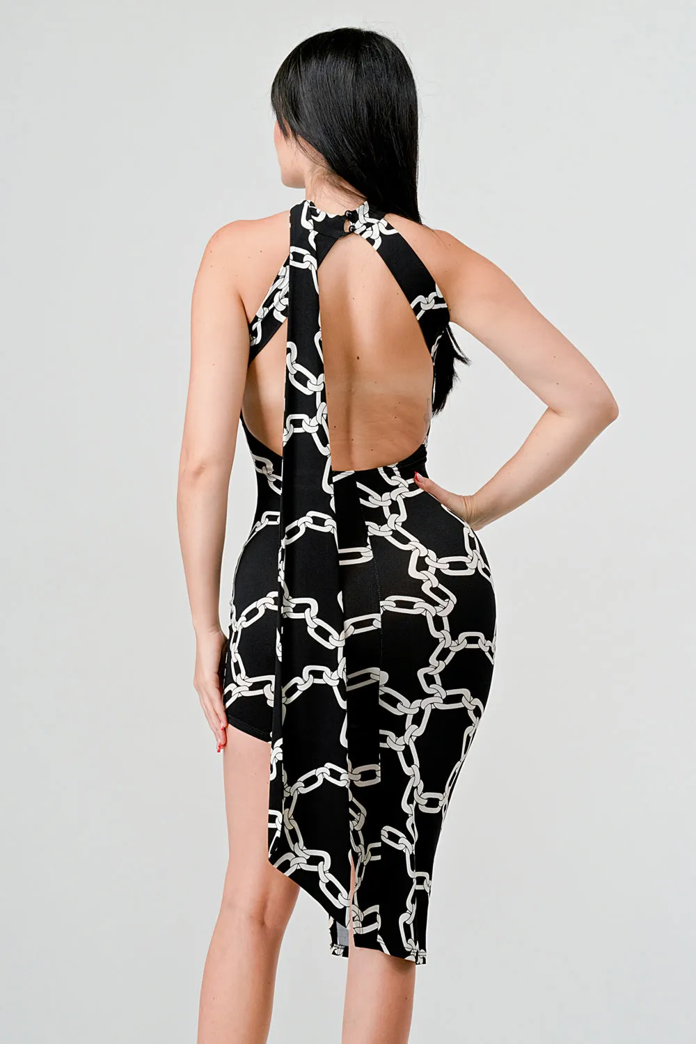CHAIN PRINT HALTER ASYMMETRICAL HEM MIDI DRESS