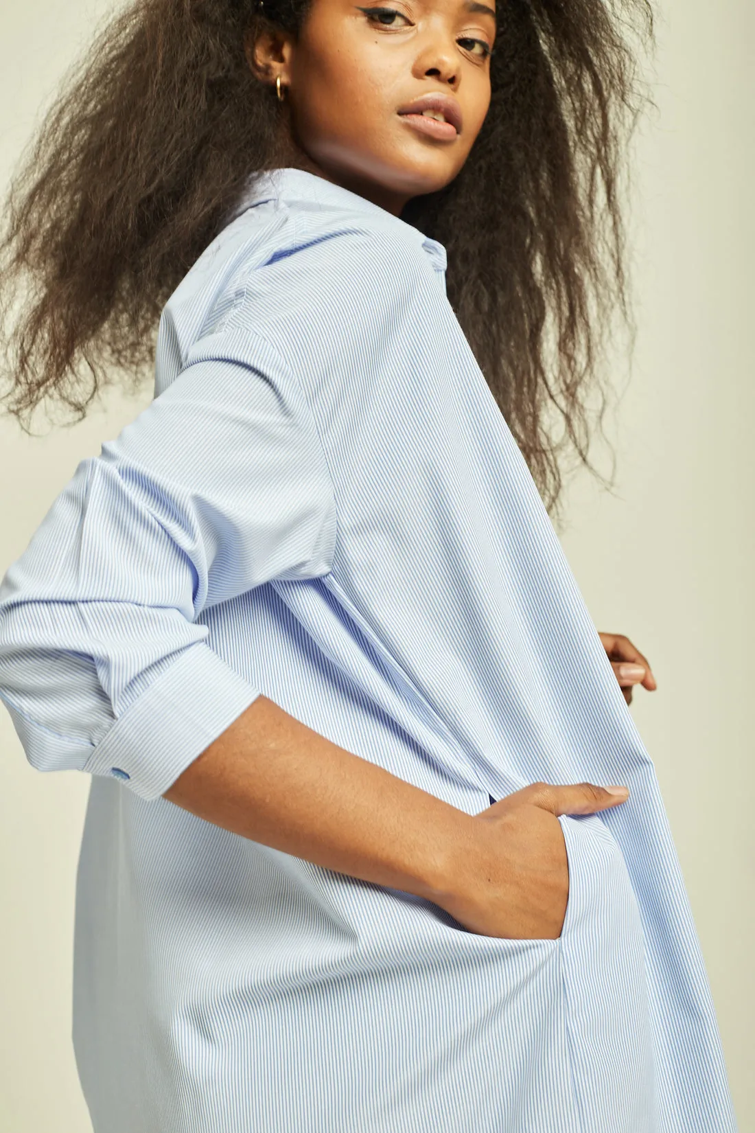 Deluc Lila Blue White Pinstripe Shirt Mini Dress