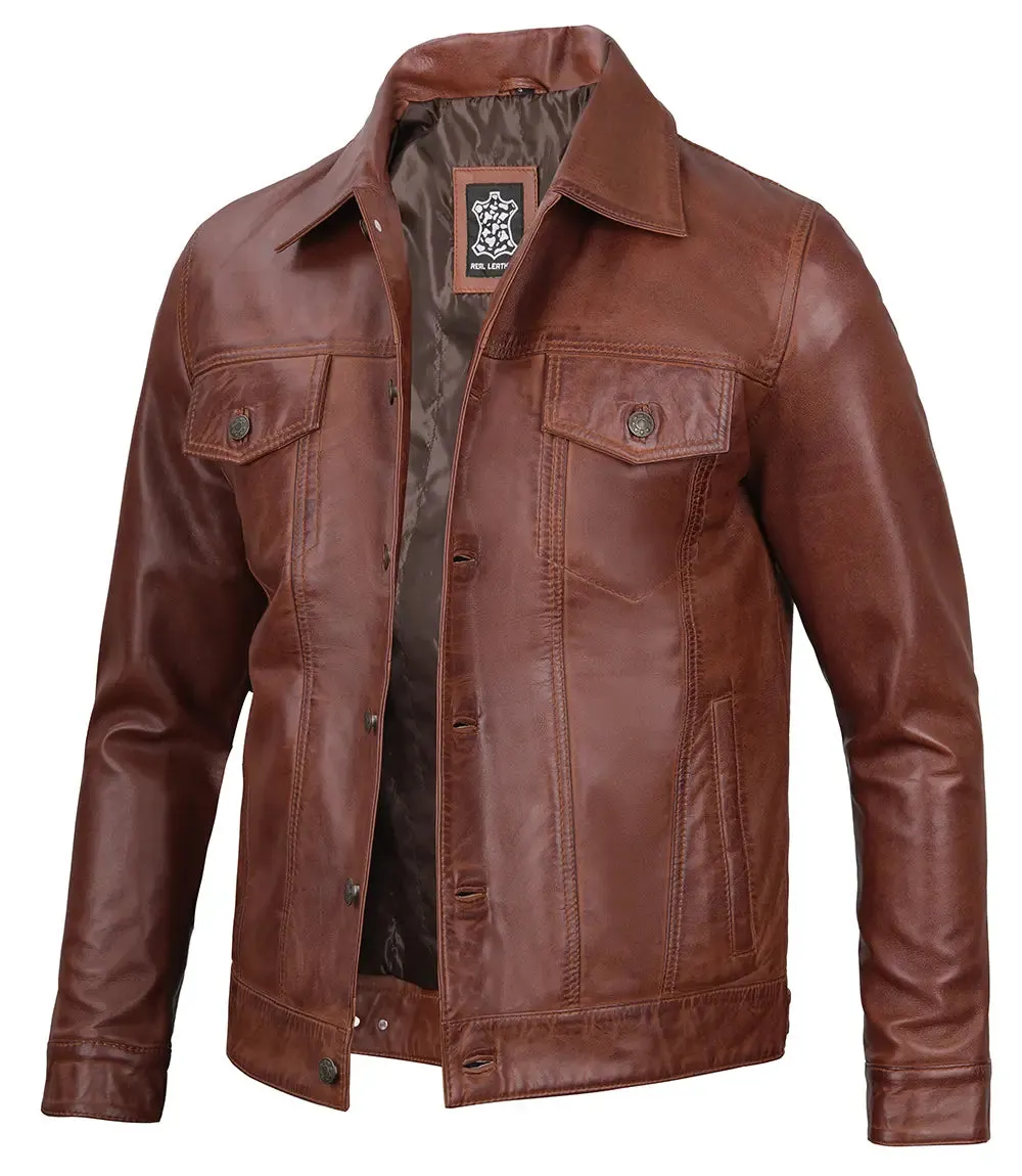 Fernando Men's Brown Leather Trucker Jacket