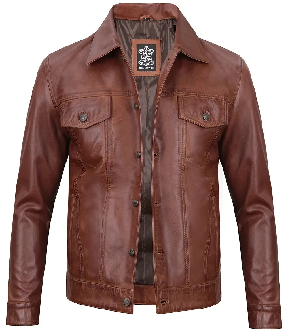 Fernando Men's Brown Leather Trucker Jacket