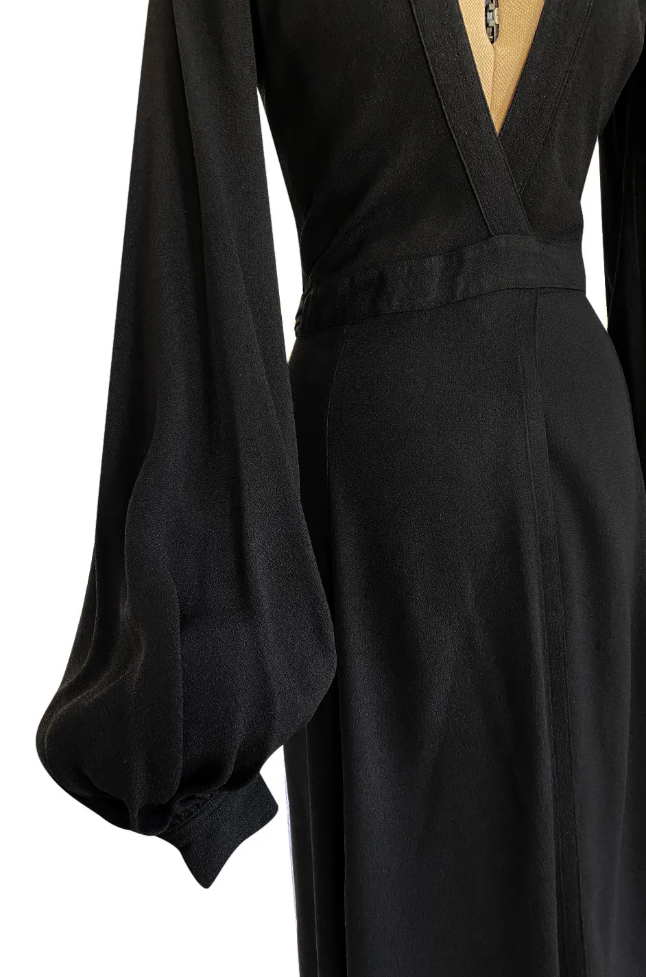 Iconic 1972 Ossie Clark Couture Black Moss Crepe Wrapped Cuddly Dress w Bishop Sleeves