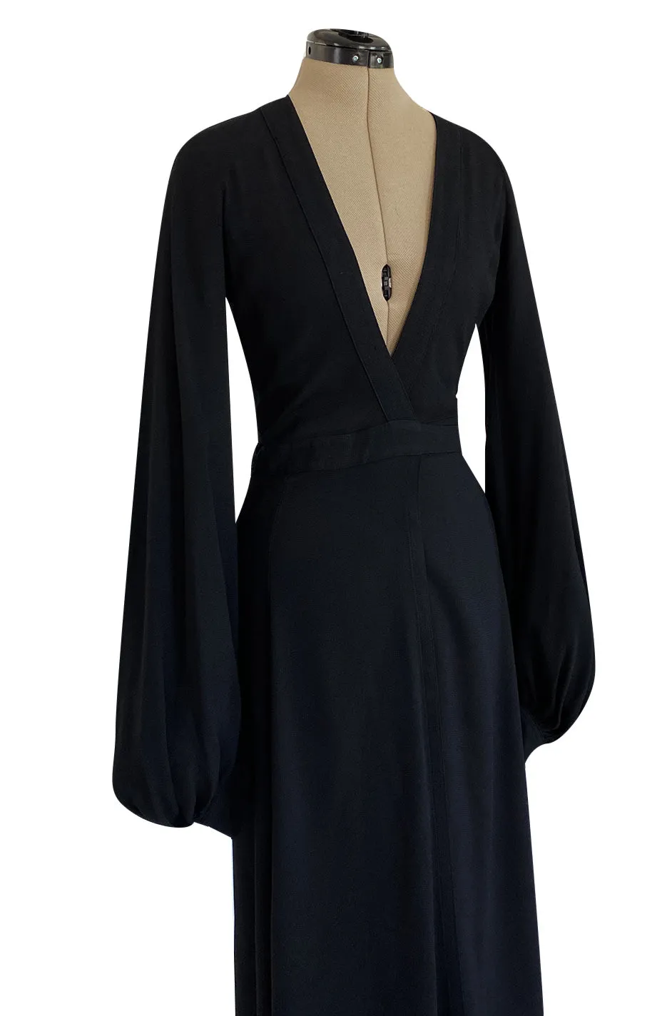 Iconic 1972 Ossie Clark Couture Black Moss Crepe Wrapped Cuddly Dress w Bishop Sleeves