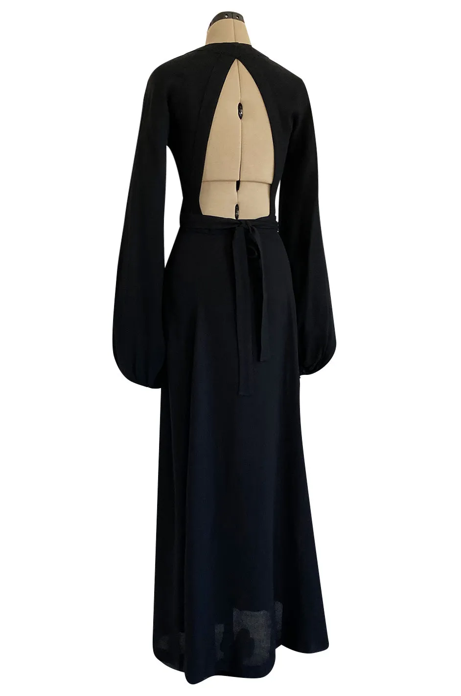 Iconic 1972 Ossie Clark Couture Black Moss Crepe Wrapped Cuddly Dress w Bishop Sleeves