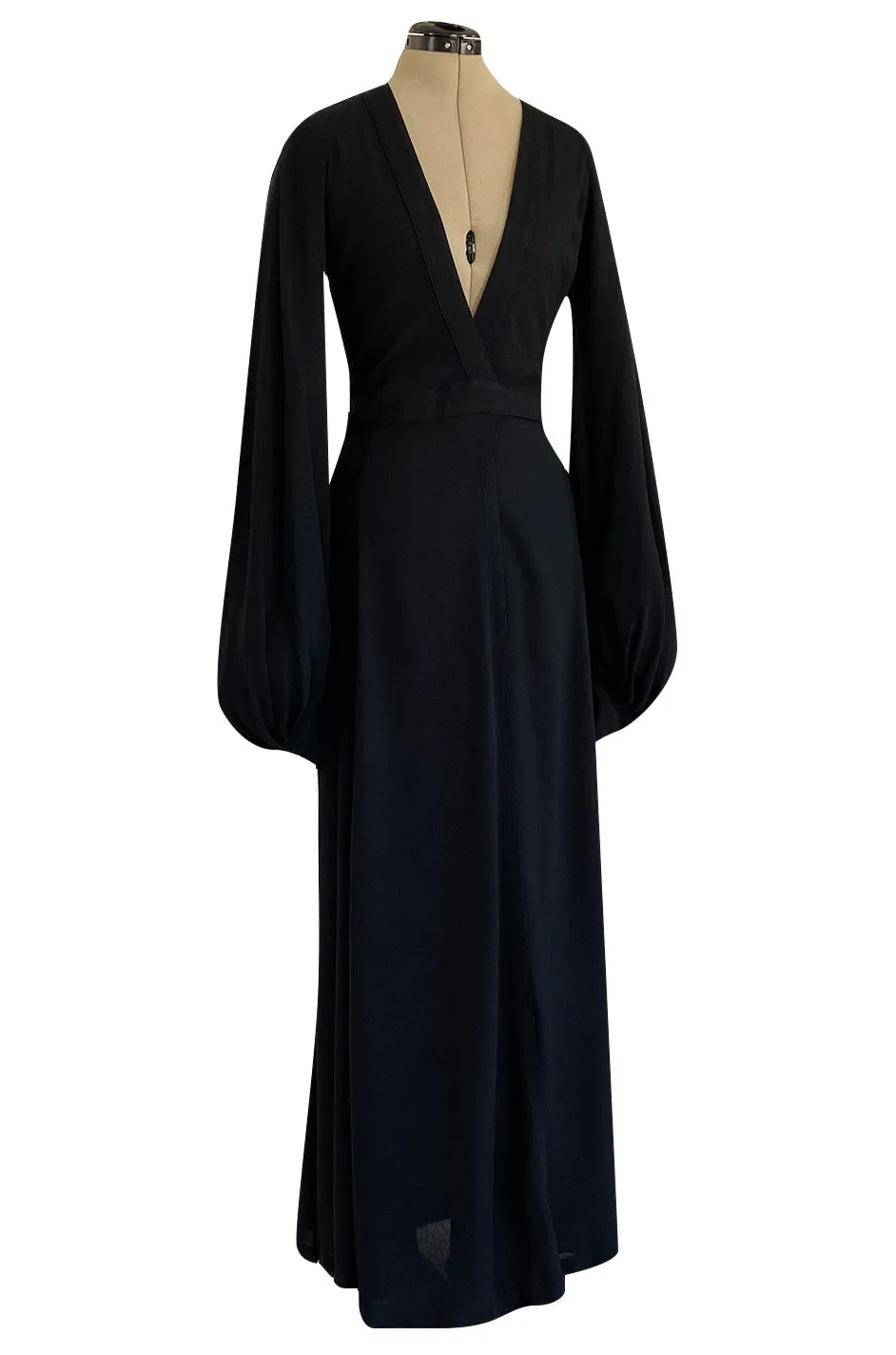 Iconic 1972 Ossie Clark Couture Black Moss Crepe Wrapped Cuddly Dress w Bishop Sleeves