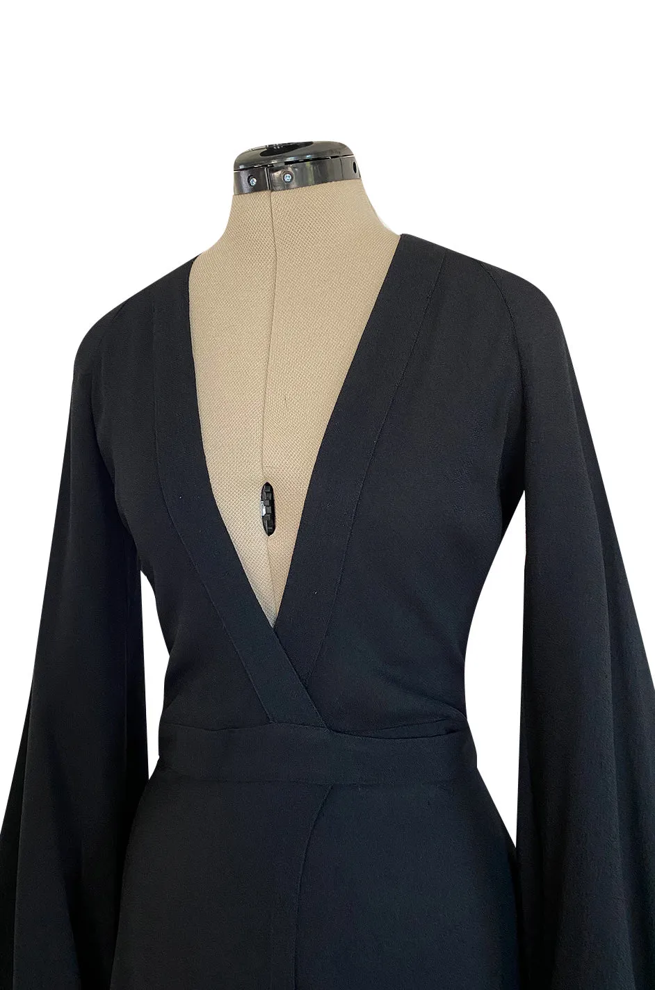 Iconic 1972 Ossie Clark Couture Black Moss Crepe Wrapped Cuddly Dress w Bishop Sleeves