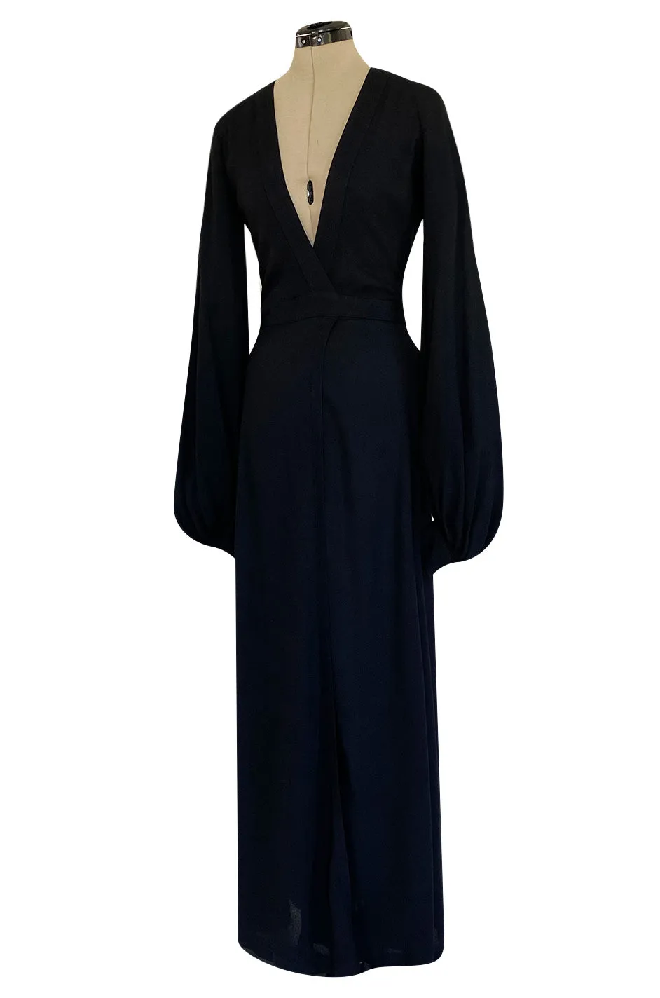 Iconic 1972 Ossie Clark Couture Black Moss Crepe Wrapped Cuddly Dress w Bishop Sleeves