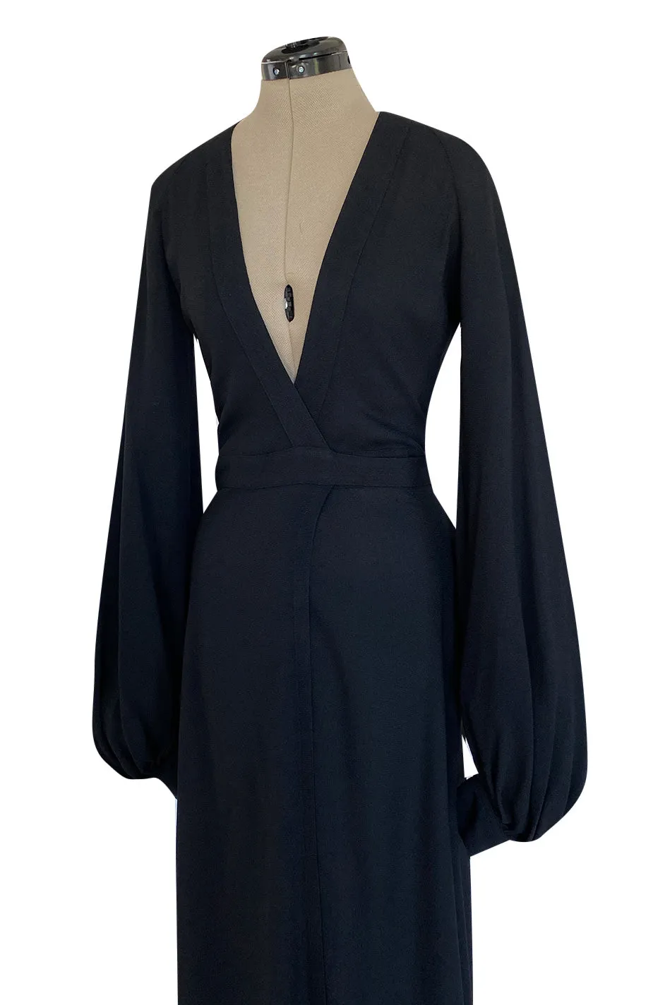 Iconic 1972 Ossie Clark Couture Black Moss Crepe Wrapped Cuddly Dress w Bishop Sleeves