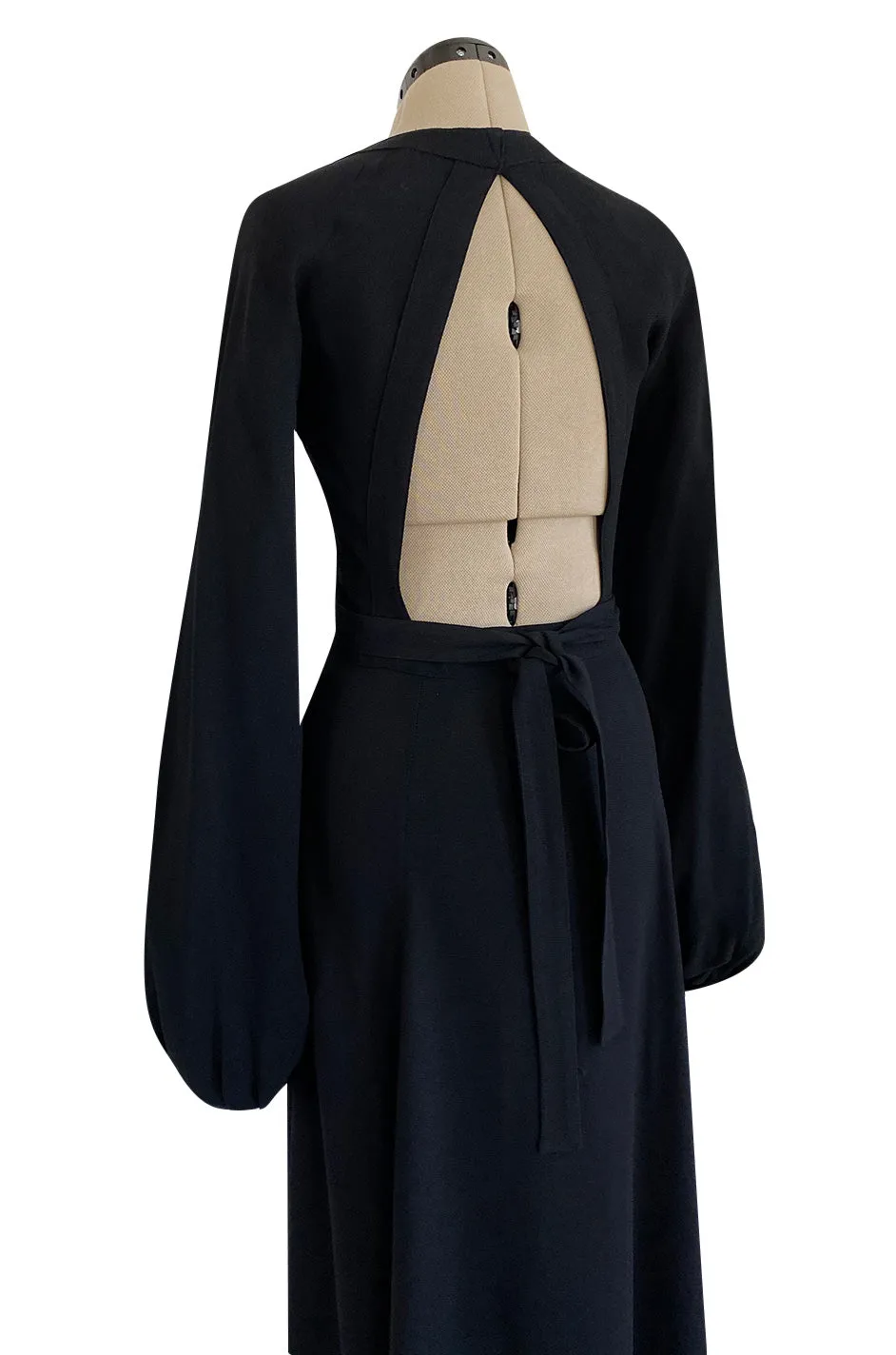 Iconic 1972 Ossie Clark Couture Black Moss Crepe Wrapped Cuddly Dress w Bishop Sleeves