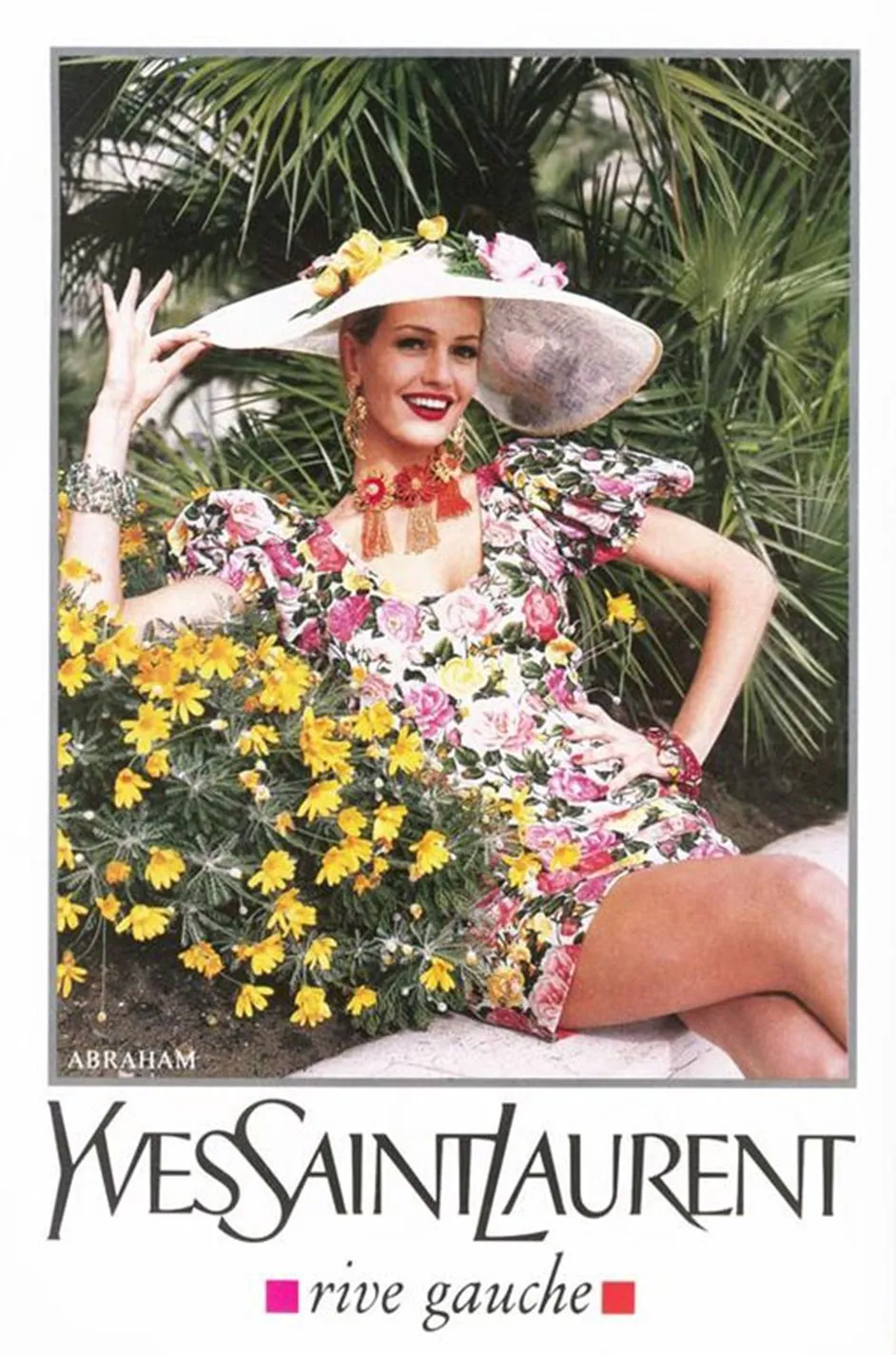 Iconic Spring 1992 Yves Saint Laurent Pink Floral Print Dress w Pouf Sleeves