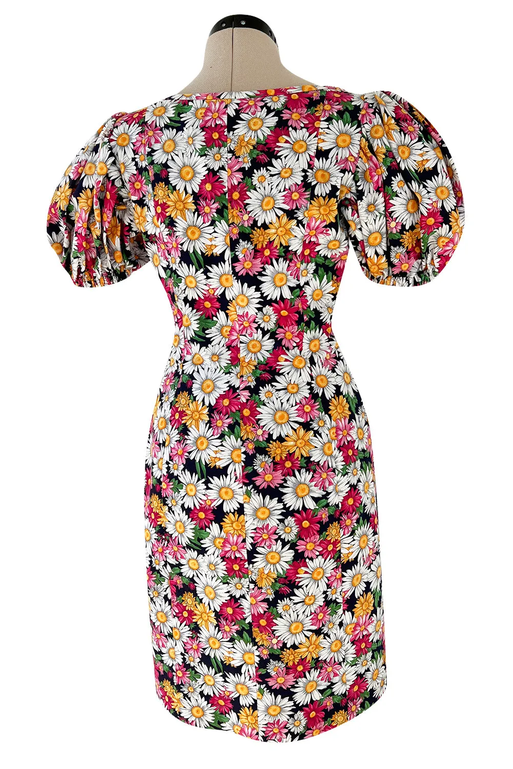 Iconic Spring 1992 Yves Saint Laurent Pink Floral Print Dress w Pouf Sleeves
