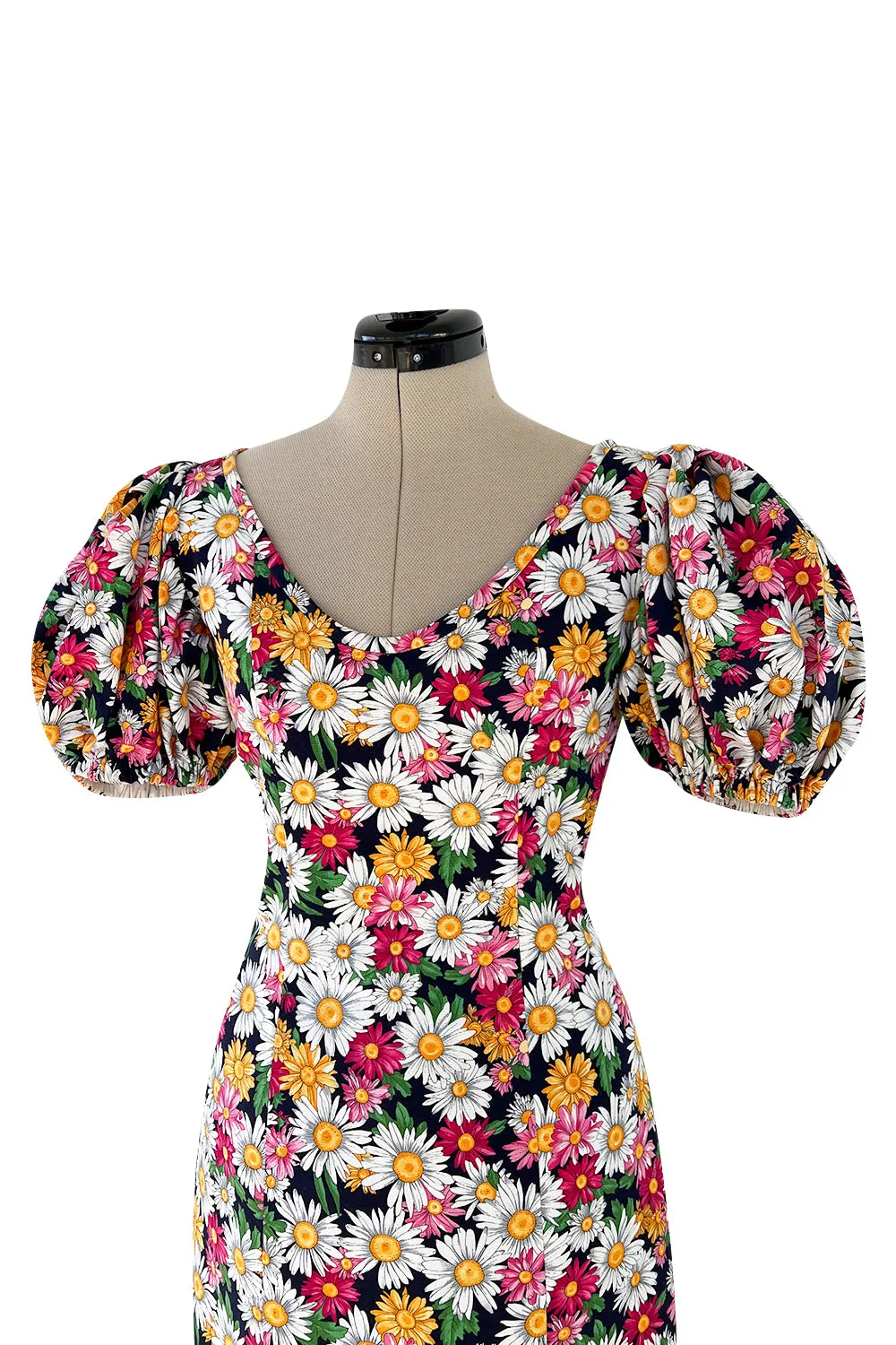 Iconic Spring 1992 Yves Saint Laurent Pink Floral Print Dress w Pouf Sleeves