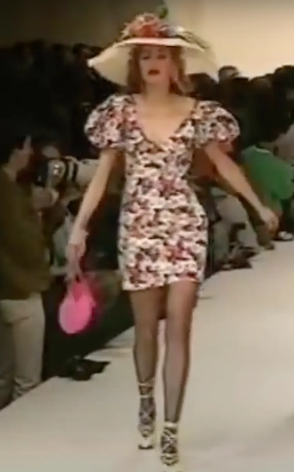 Iconic Spring 1992 Yves Saint Laurent Pink Floral Print Dress w Pouf Sleeves