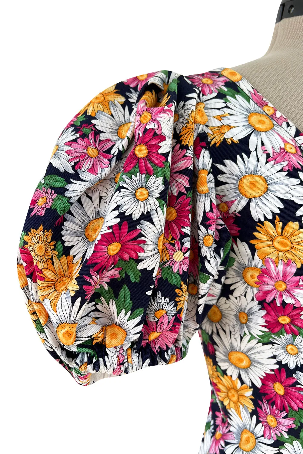 Iconic Spring 1992 Yves Saint Laurent Pink Floral Print Dress w Pouf Sleeves