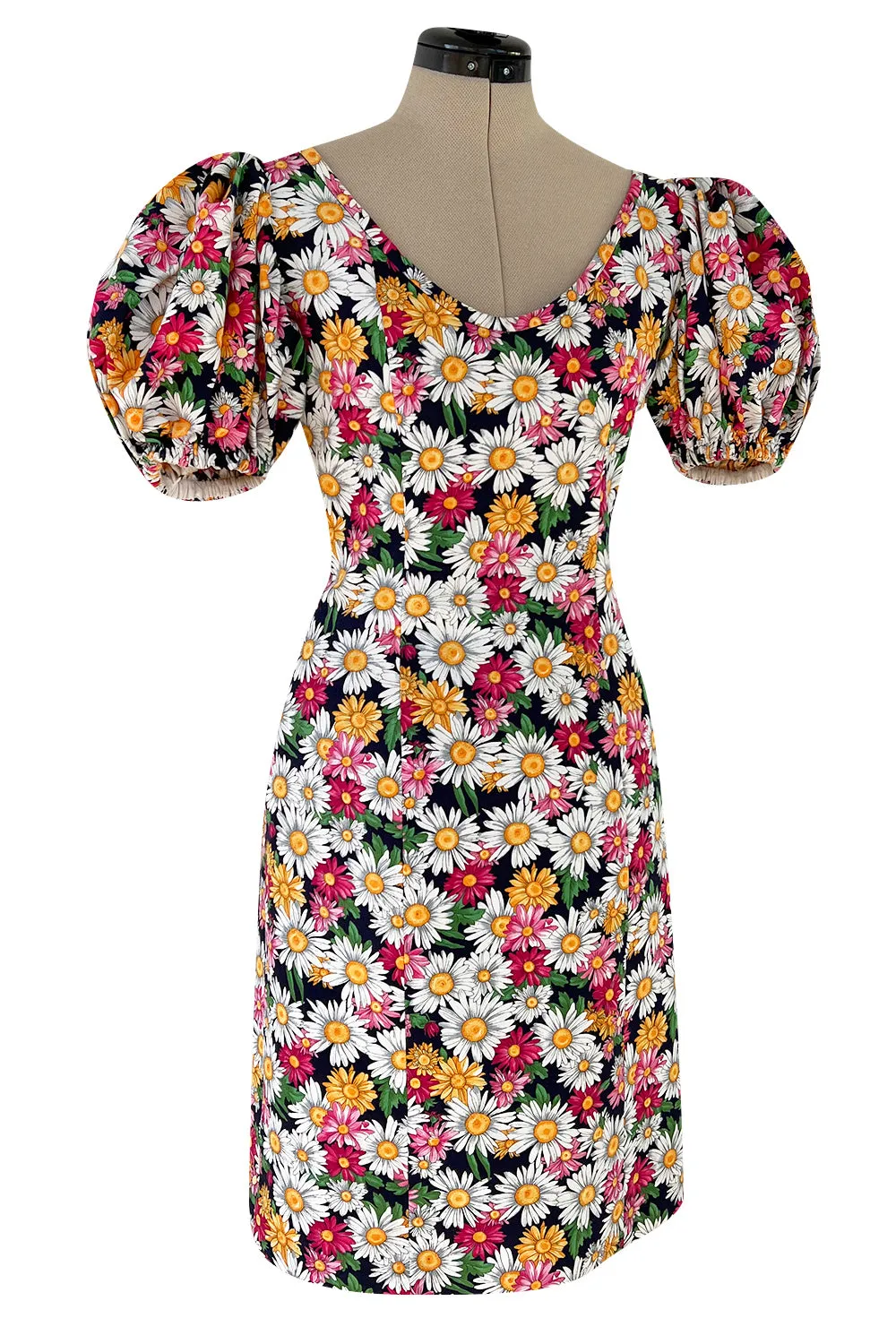 Iconic Spring 1992 Yves Saint Laurent Pink Floral Print Dress w Pouf Sleeves