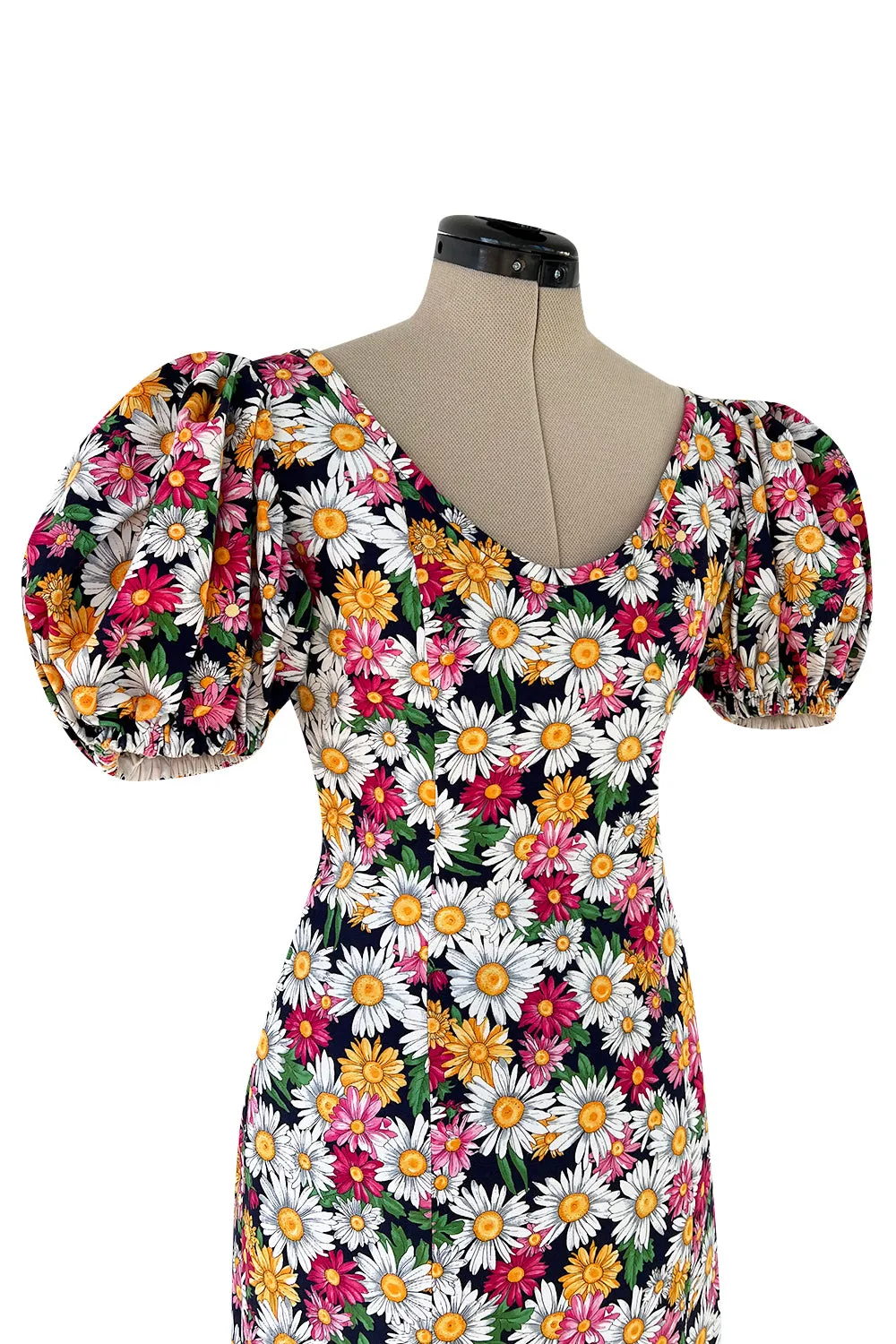 Iconic Spring 1992 Yves Saint Laurent Pink Floral Print Dress w Pouf Sleeves