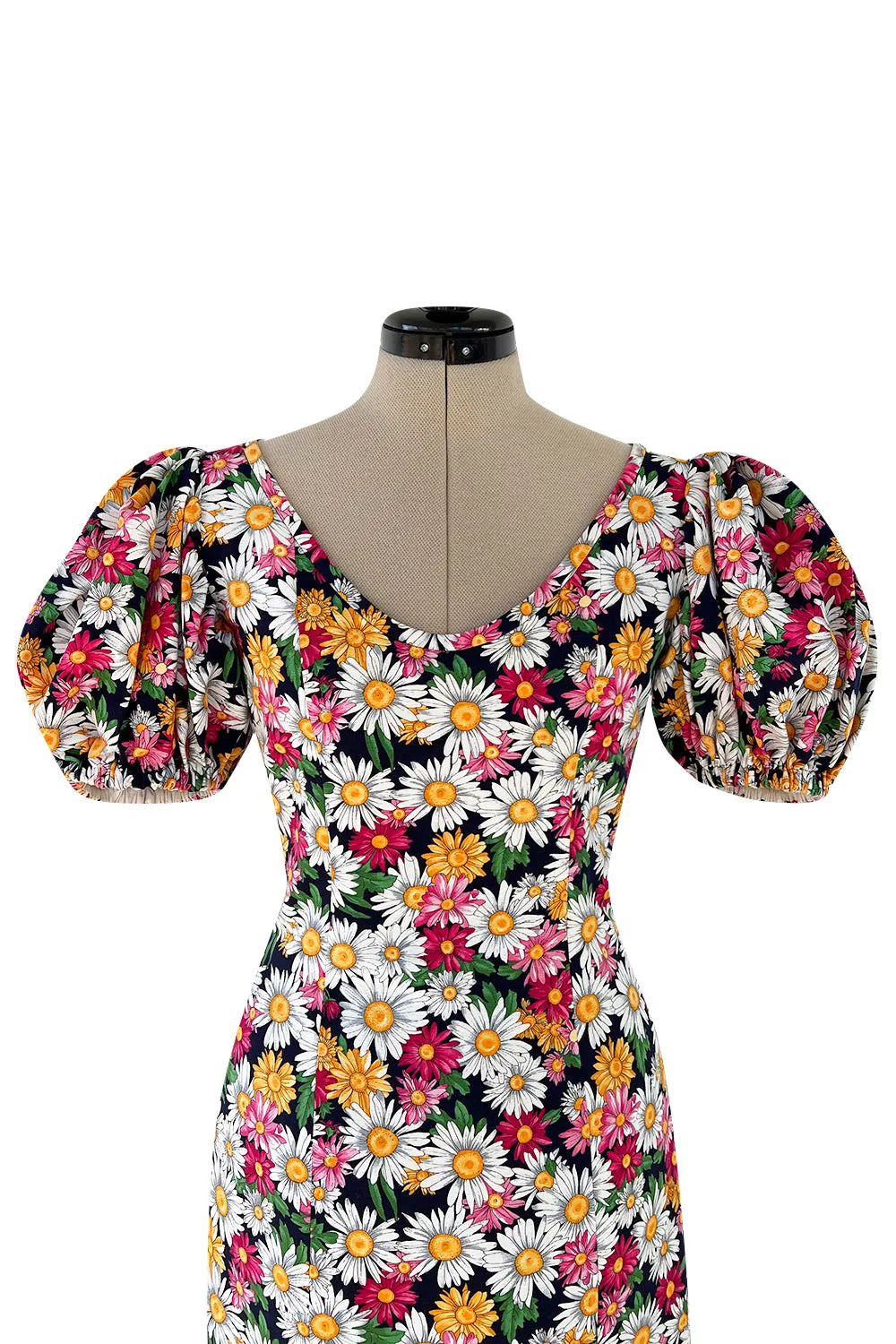 Iconic Spring 1992 Yves Saint Laurent Pink Floral Print Dress w Pouf Sleeves