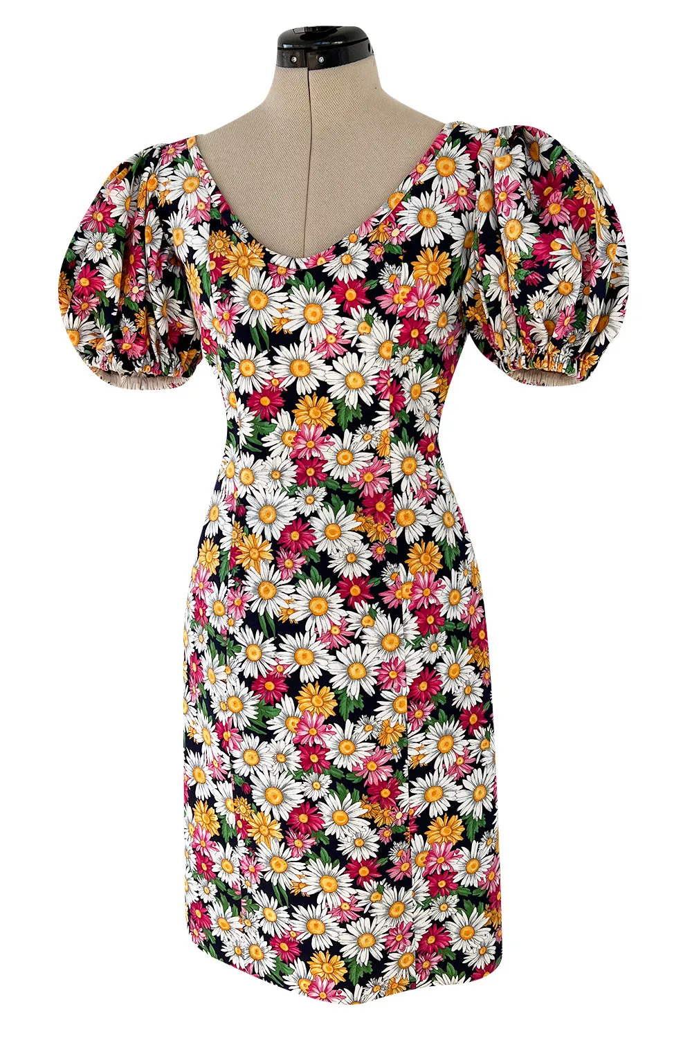 Iconic Spring 1992 Yves Saint Laurent Pink Floral Print Dress w Pouf Sleeves