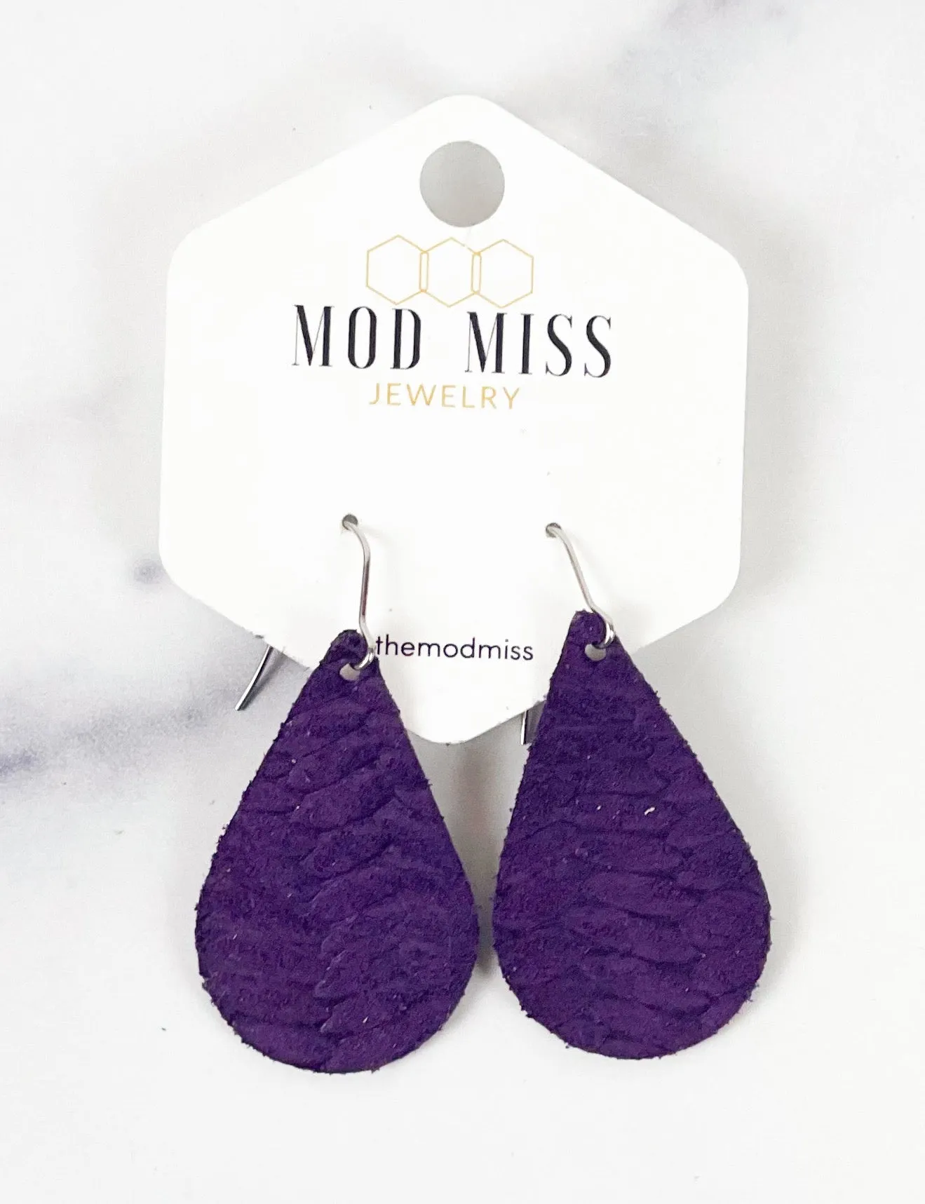 Leather Teardrop Earring Weaved Dark Purple