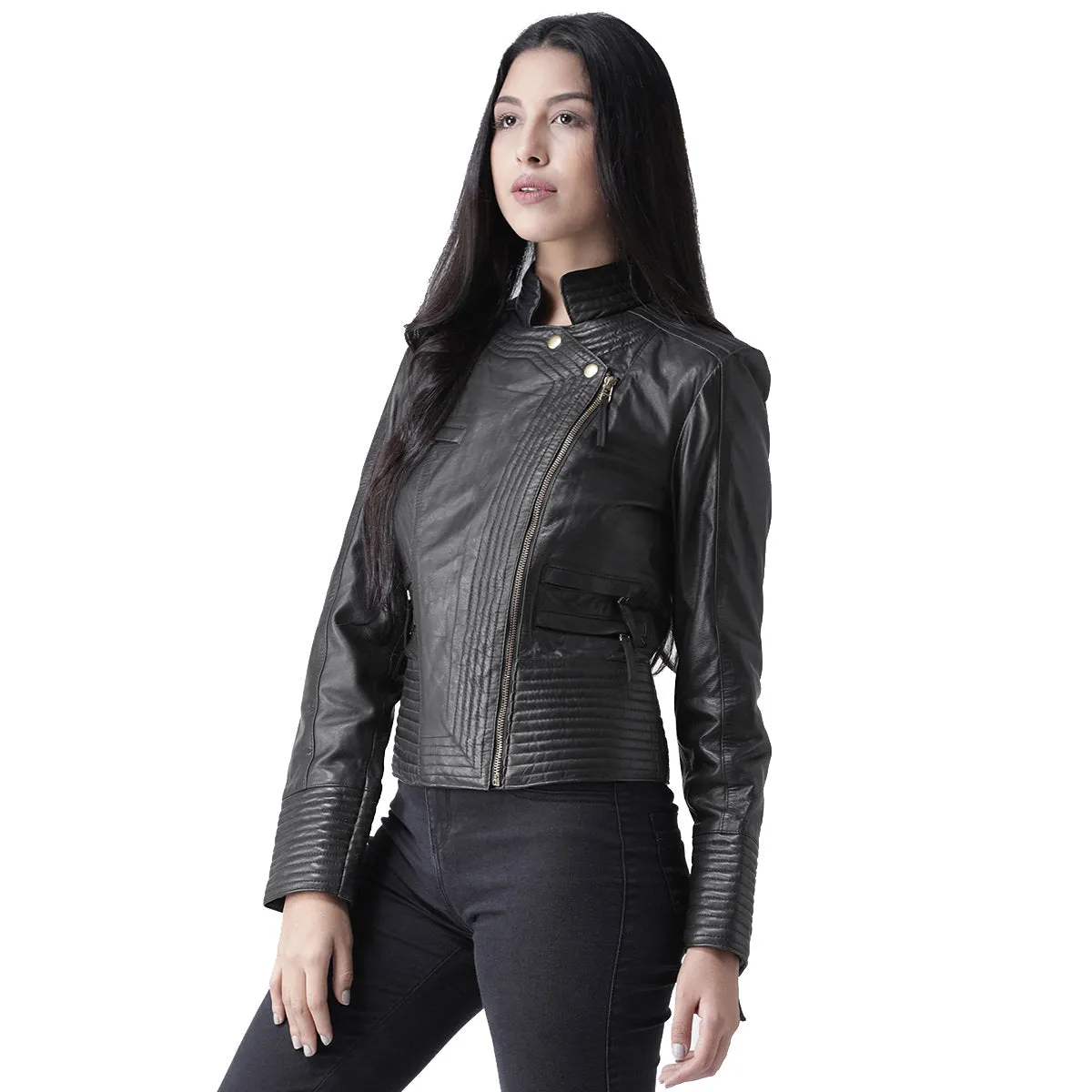 Sideway Zip Black Ladies Biker Jacket