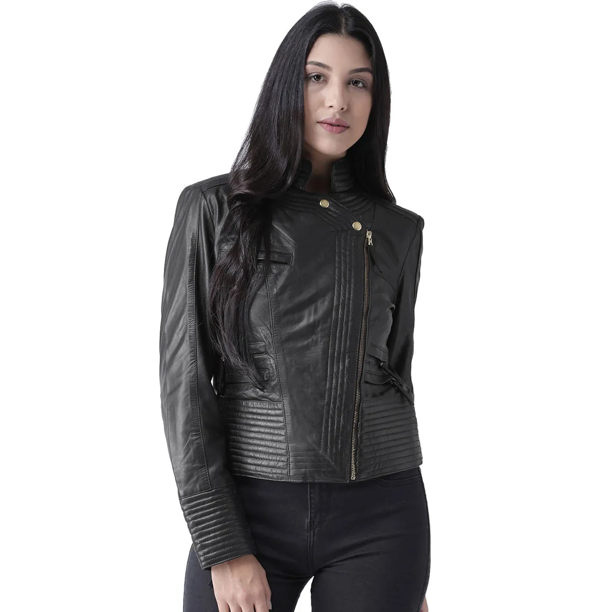 Sideway Zip Black Ladies Biker Jacket