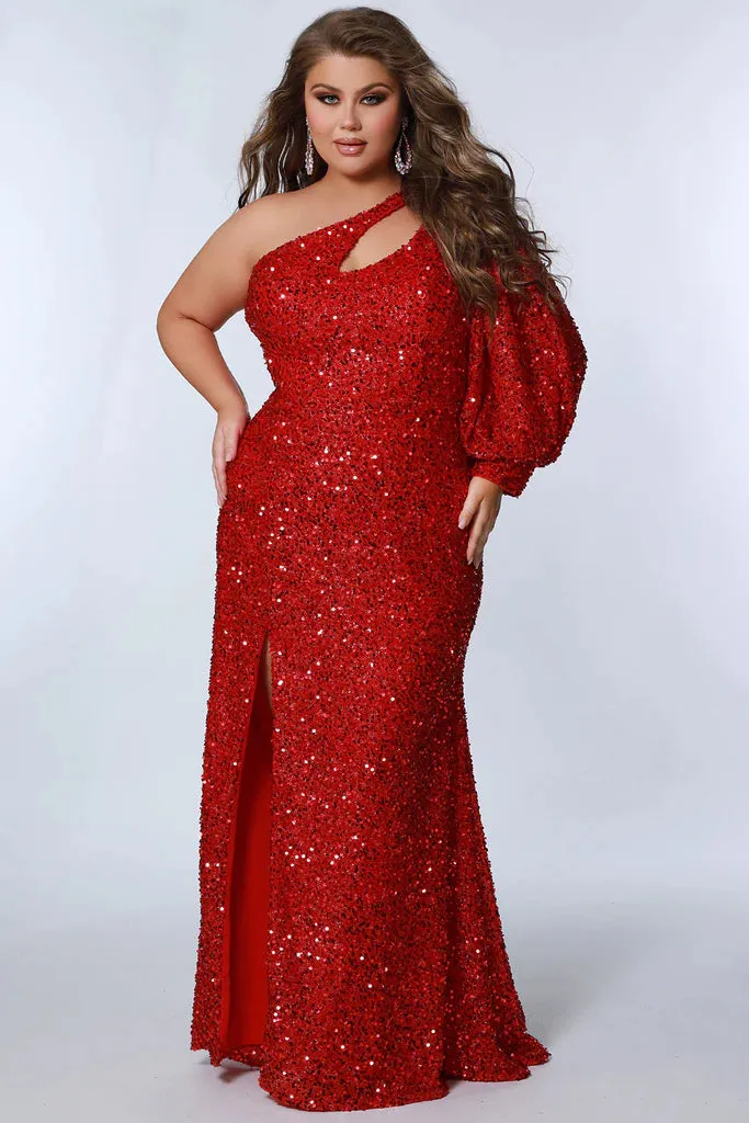 Sydney's Closet SC7359 Long Prom Dress Plus Size One Shoulder Long Puff Sleeve Fitted Silhouette Stretch Sleeve Formal Gown