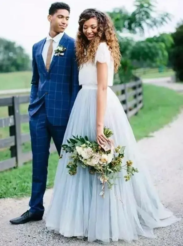 Two Piece Round Neck Grey Tulle Bridesmaid Dress