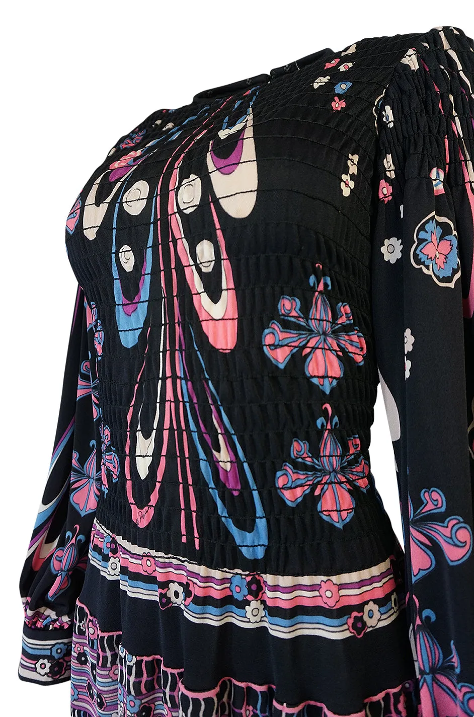 Unusual 1970s Paganne Smocked Jersey Printed Maxi Dress