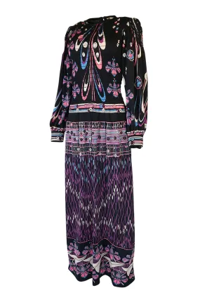 Unusual 1970s Paganne Smocked Jersey Printed Maxi Dress
